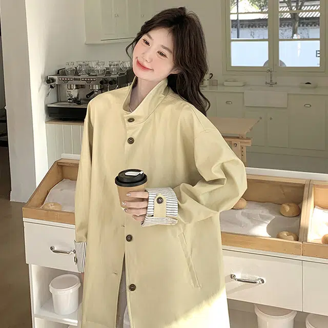轻迎 韩系复古学院风条纹高级感中长款外套风衣 女款