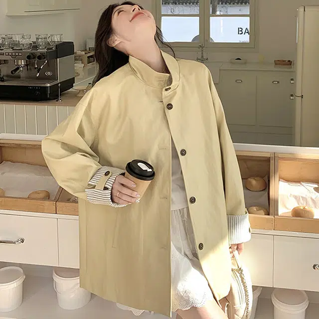 轻迎 韩系复古学院风条纹高级感中长款外套风衣 女款