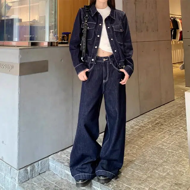 轻迎 美式复古修身牛仔外套阔腿裤休闲套装 女款