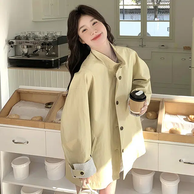 轻迎 韩系复古学院风条纹高级感中长款外套风衣 女款