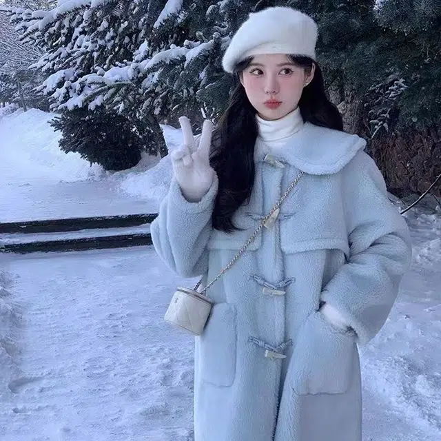 轻迎 法式甜美毛绒软糯长款外套牛角扣大衣 女款