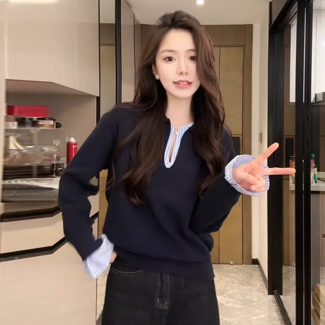轻迎 时尚百搭气质小众设计感条纹拼接假两件翻领上衣针织衫 女款