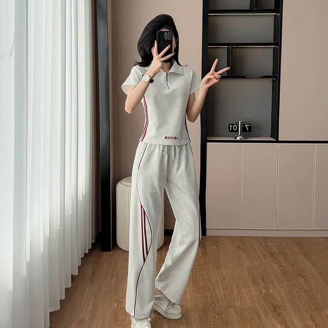 轻迎 时尚百搭短袖卫衣气质通勤舒适裤子休闲套装 女款 白色