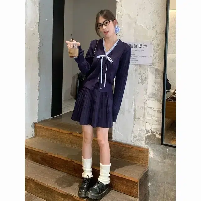 轻迎 学院风针织蝴蝶结韩系开衫高腰上衣百褶短裙休闲套装 女款