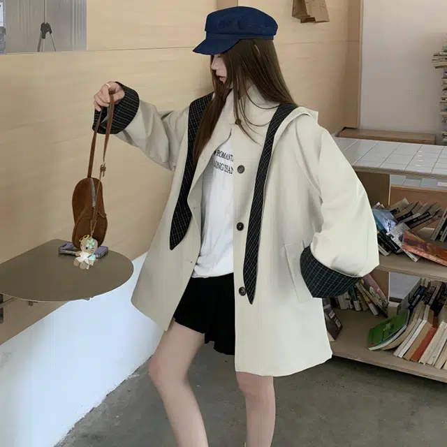 轻迎 英伦风复古撞色格子连帽披肩宽松显瘦小众百搭上衣外套休闲套装 女款