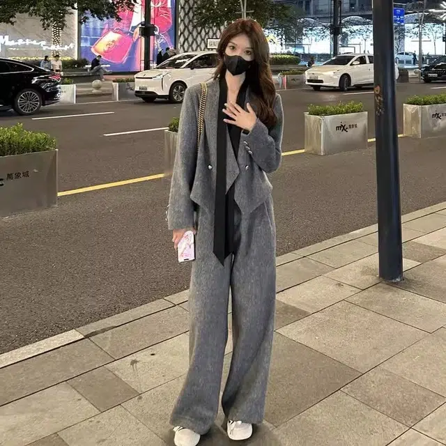 轻迎 时尚飘带高级西装外套筒裤休闲套装 女款
