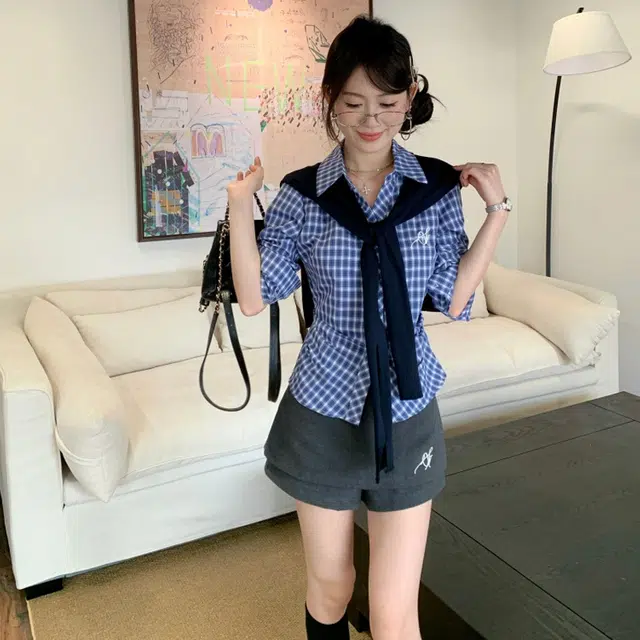 轻迎 学院风披肩格子长袖掐腰衬衫显瘦半身裙裤三件套休闲套装 女款