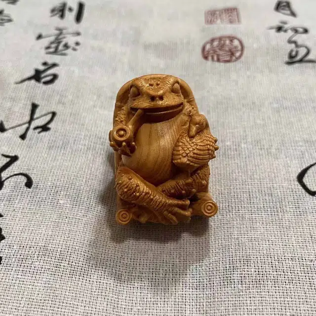 檀欣 复古 原木雕刻（悠然自在）蟾蜍文玩转运把件#好运 招财纳福平安 随身把玩家居工艺品 崖柏 摆件 男女同款情侣款