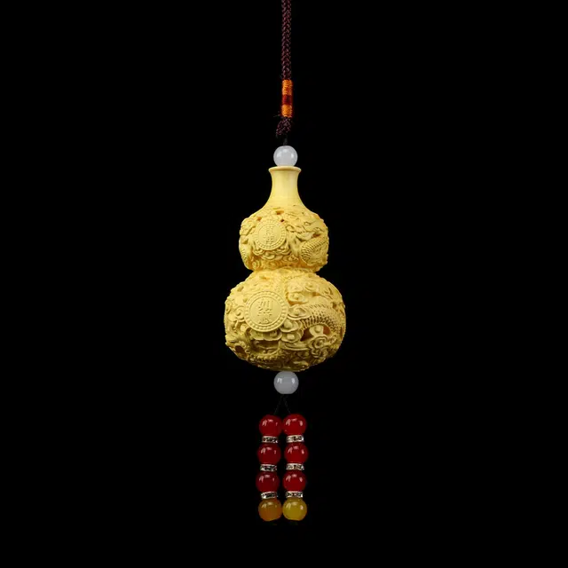 檀欣 国风 雕刻双龙葫芦随身吉祥如意家居室内客厅卧室吊坠出入平安车 大叶黄杨 木作把件 男女同款情侣款 黄杨木 礼盒装