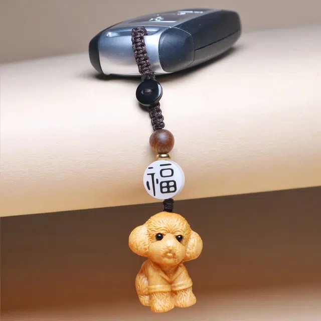 檀欣 本命年 十二生肖原木雕刻泰迪狗汽车钥匙扣挂件 旺旺平安纳福实木卡通动物生肖包包装饰工艺品 崖柏 其他木作 男女同款情侣款