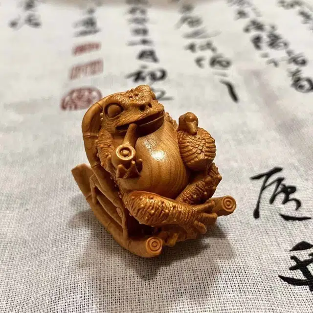 檀欣 复古 原木雕刻（悠然自在）蟾蜍文玩转运把件#好运 招财纳福平安 随身把玩家居工艺品 崖柏 摆件 男女同款情侣款