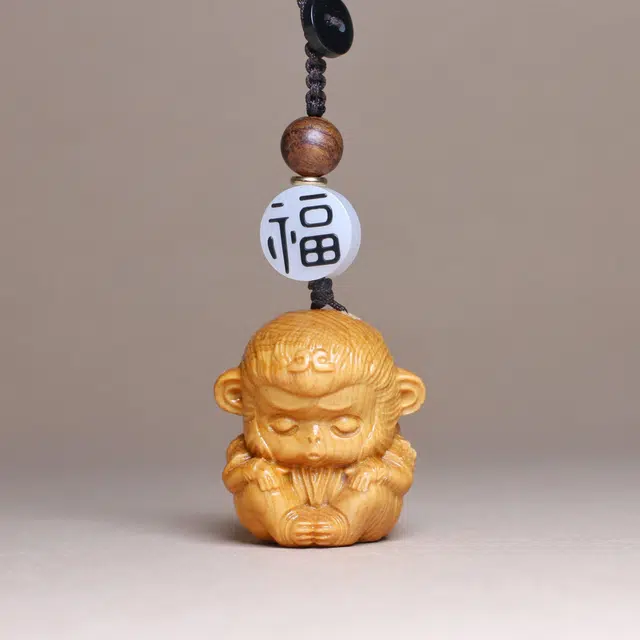 檀欣 本命年十二生肖猴 原木雕刻嘟嘟猴小猴子汽车钥匙扣招财平安 实木木质包包装饰 崖柏 挂件 男女同款情侣款