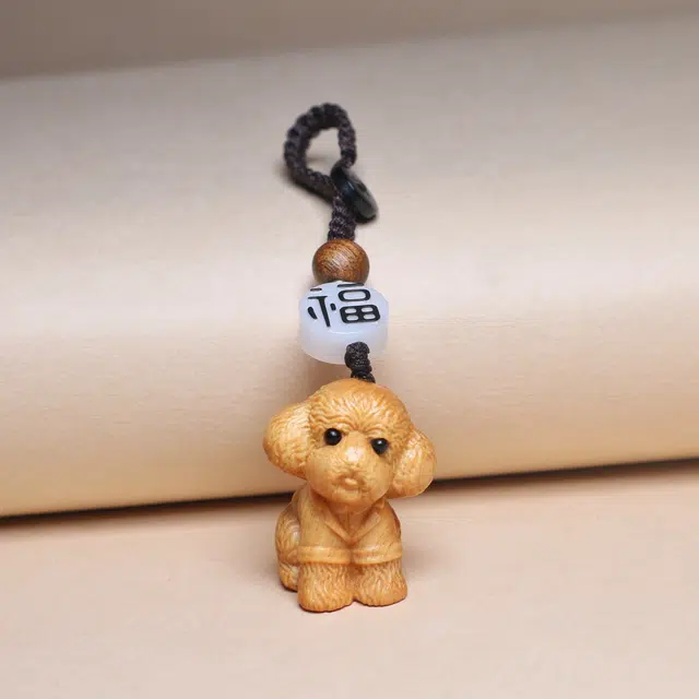 檀欣 本命年 十二生肖原木雕刻泰迪狗汽车钥匙扣挂件 旺旺平安纳福实木卡通动物生肖包包装饰工艺品 崖柏 其他木作 男女同款情侣款