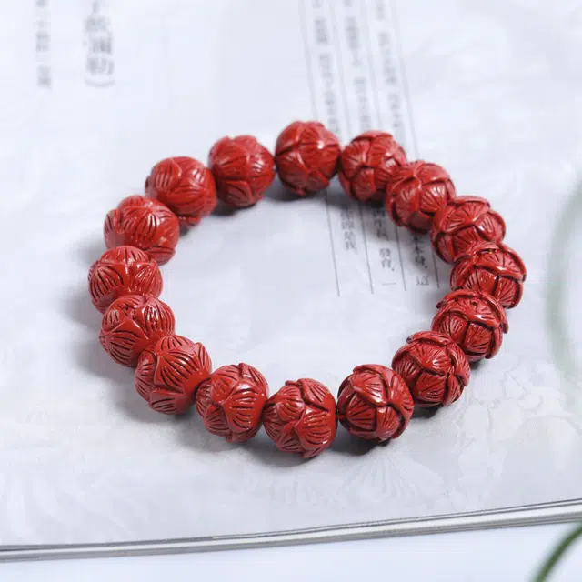 【桃花运】 檀欣 国风新中式 精雕刻单圈莲花 繁花似锦 福禄吉祥 精致显白文玩佛珠多福转运珠 朱砂 手串 男女同款情侣款