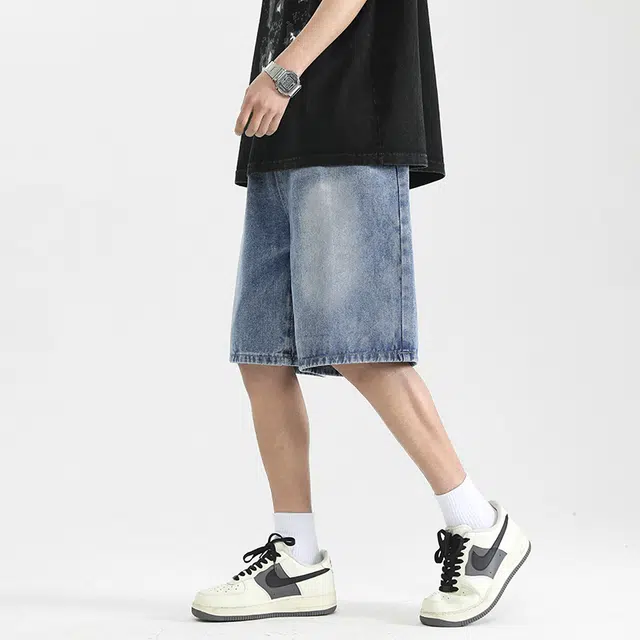 海底小纵队 美式复古做旧水洗宽松直筒百搭休闲五分裤高街简约无性别主义时尚亲肤舒适透气阔腿中裤日常通勤显瘦牛仔短裤 男女同款