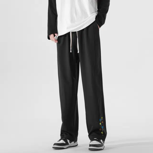 海底小纵队 美式高街简笔爪痕路线品牌字母印花宽松舒适透气直筒中腰系带长裤休闲裤 男女同款