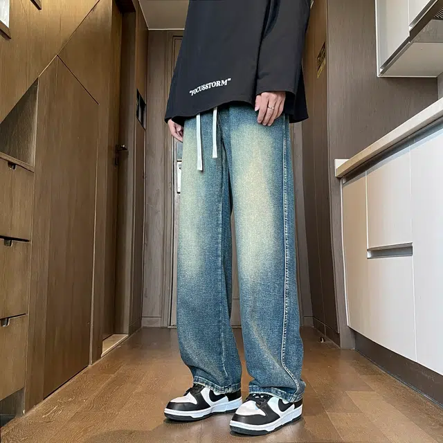 海底小纵队 美式百搭基础款宽松休闲日常通勤户外中腰系带牛仔裤 男女同款 做旧蓝