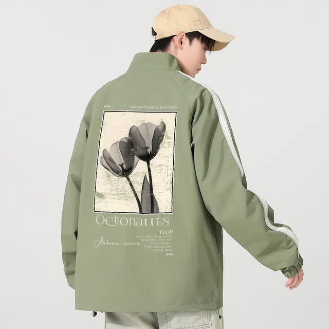 海底小纵队 美式复古水墨荷花字母印花无性别主义日常通勤宽松休闲夹克外套 男女同款