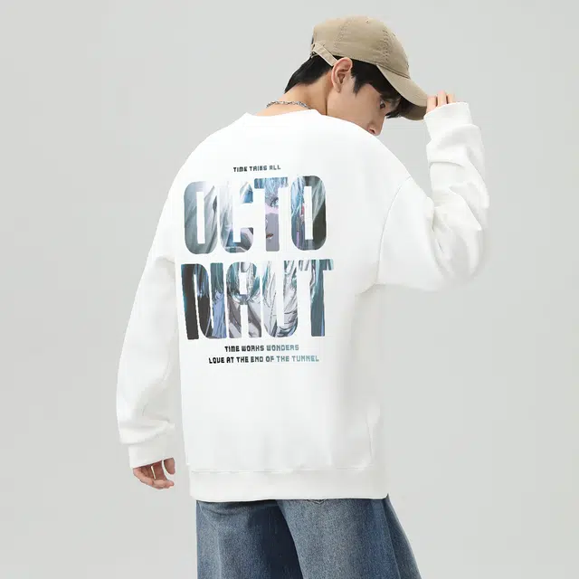 海底小纵队  美式高街复古潮流卡通二次元字母印花保暖休闲简约学生国潮加绒加厚纯色宽松舒适手绘百搭重磅落肩打底圆领长袖卫衣 男女同款