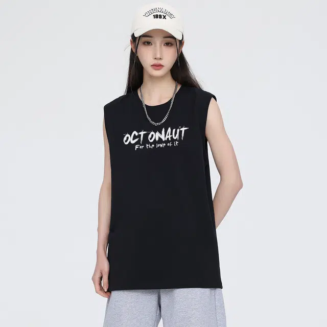 海底小纵队 创意个性美式高街篮球扣篮趣味字母印花休闲运动健身跑步训练纯棉纯色圆领打底衫透气坎肩无袖通用宽松背心 男女同款