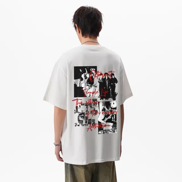 海底小纵队 美式高街暗黑版画拼贴眼睛字母品牌印花宽松透气个性街头纯棉重磅圆领上衣垂感百搭抽绳五分裤健身跑步休闲运动套装 男女同款