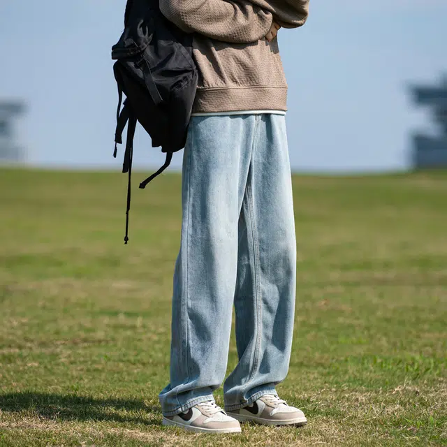 海底小纵队 美式复古高街直筒简约字母做旧印花中腰拉链无性别主义阔腿牛仔裤 男女同款