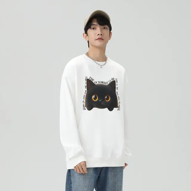 海底小纵队  美式高街可爱黑猫字母印花手绘日常保暖国潮复古加绒加厚宽松舒适百搭潮流休闲学院风纯色重磅落肩打底长袖圆领卫衣 男女同款