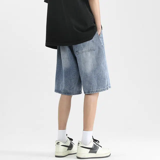 海底小纵队 美式复古做旧水洗宽松直筒百搭休闲五分裤高街简约无性别主义时尚亲肤舒适透气阔腿中裤日常通勤显瘦牛仔短裤 男女同款