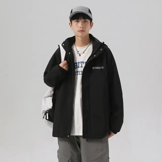 海底小纵队 美式户外流沙陨石字母印花登山日常通勤连帽拉链多口袋舒适透气长袖夹克 男女同款