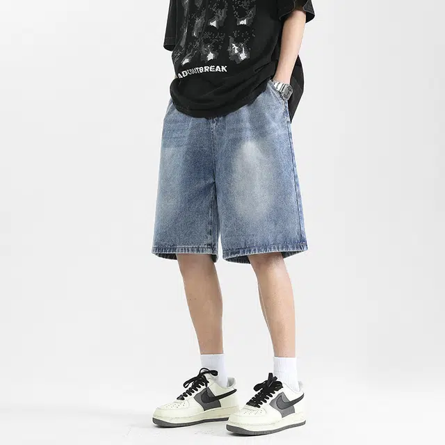 海底小纵队 美式复古做旧水洗宽松直筒百搭休闲五分裤高街简约无性别主义时尚亲肤舒适透气阔腿中裤日常通勤显瘦牛仔短裤 男女同款