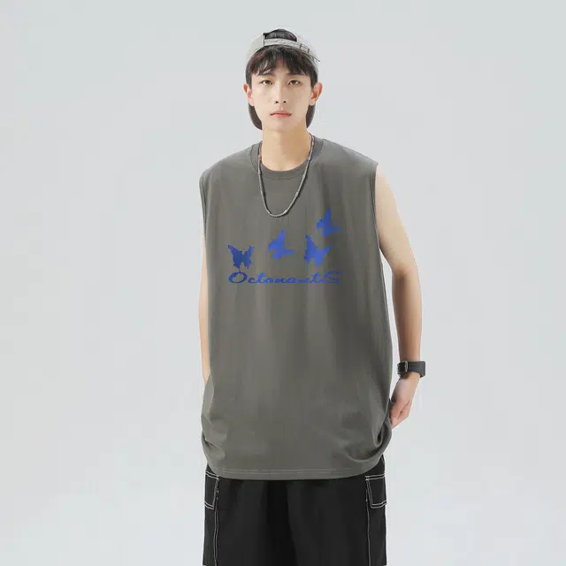 海底小纵队  美式油画蝴蝶纯色艺术字母印花宽松休闲舒适透气圆领篮球无性别纯棉无袖背心 男女同款
