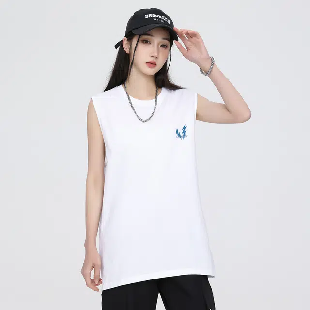 海底小纵队 创意风美式高街手绘卡通涂鸦闪电艺术字母印花纯棉上衣无袖运动通勤百搭休闲宽松打底衫吸湿排汗个性通用背心 男女同款