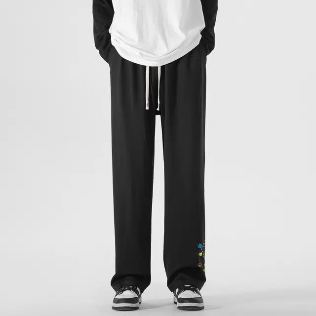 海底小纵队 美式高街简笔爪痕路线品牌字母印花宽松舒适透气直筒中腰系带长裤休闲裤 男女同款