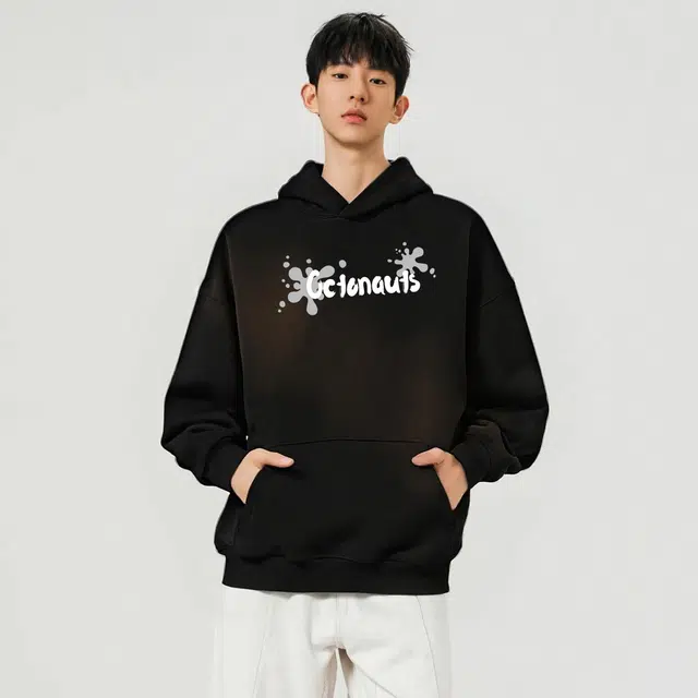 海底小纵队 美式复古高街宽松连帽百搭休闲通勤字母卡通印花重磅简约卫衣 男女同款