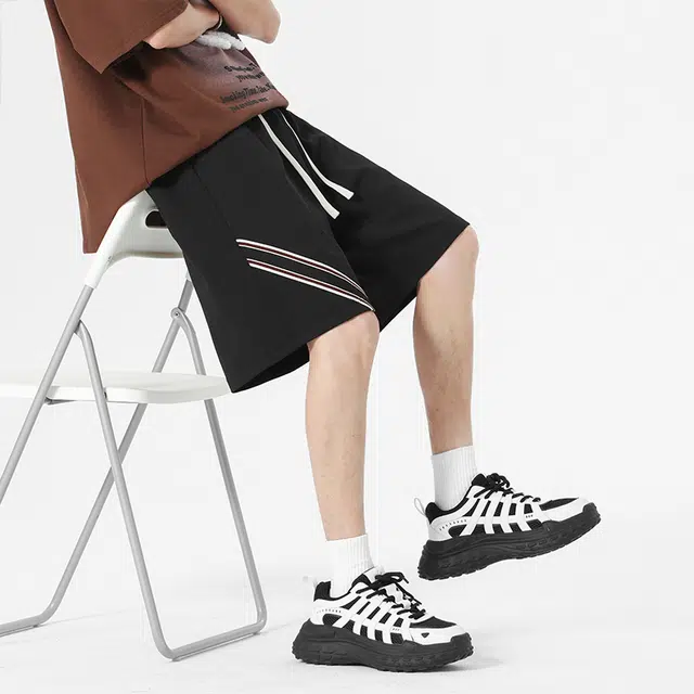 海底小纵队 美式复古经典两条杠凉感宽松舒适运动五分裤高街时尚简约速干透气直筒系带中裤青少年户外日常百搭休闲短裤 男女同款