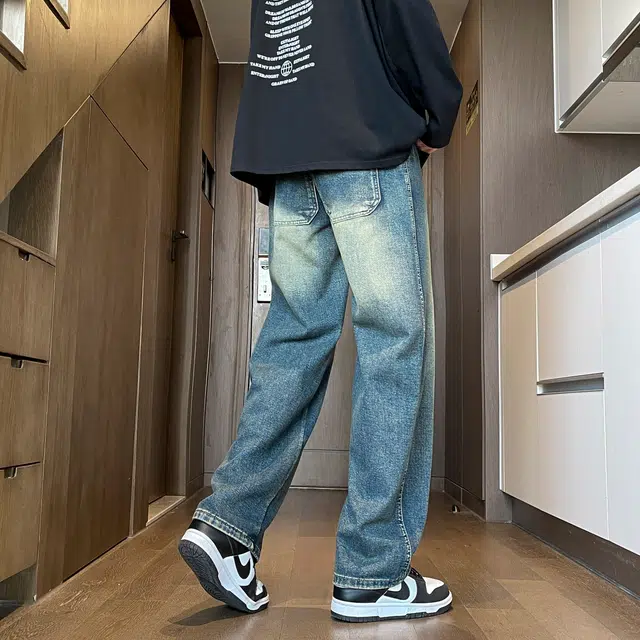 海底小纵队 美式百搭基础款宽松休闲日常通勤户外中腰系带牛仔裤 男女同款 做旧蓝