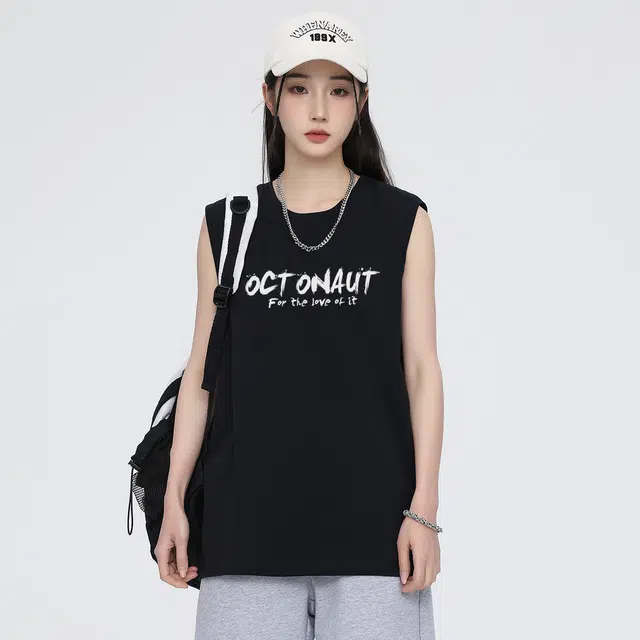 海底小纵队 创意个性美式高街篮球扣篮趣味字母印花休闲运动健身跑步训练纯棉纯色圆领打底衫透气坎肩无袖通用宽松背心 男女同款