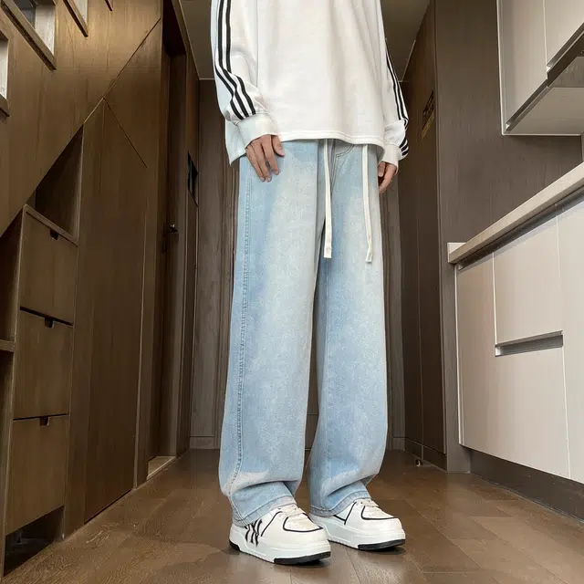 海底小纵队 美式百搭基础款宽松休闲日常通勤户外中腰系带牛仔裤 男女同款 做旧蓝