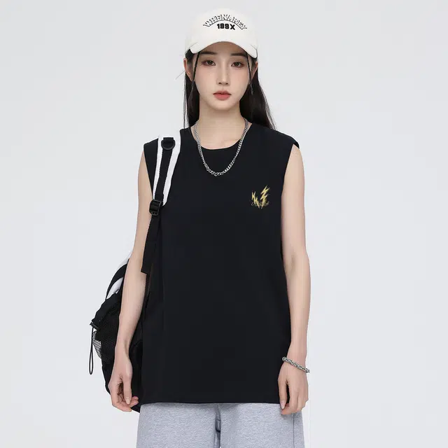 海底小纵队 创意风美式高街手绘卡通涂鸦闪电艺术字母印花纯棉上衣无袖运动通勤百搭休闲宽松打底衫吸湿排汗个性通用背心 男女同款