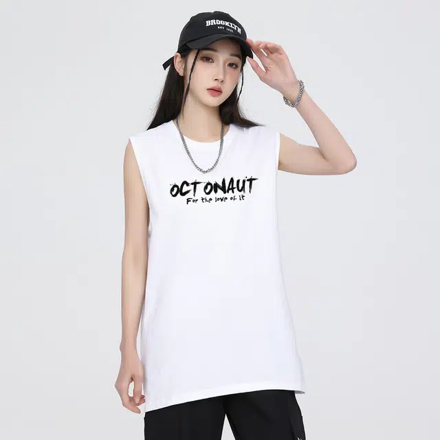 海底小纵队 创意个性美式高街篮球扣篮趣味字母印花休闲运动健身跑步训练纯棉纯色圆领打底衫透气坎肩无袖通用宽松背心 男女同款