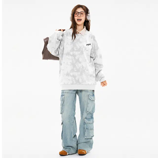 海底小纵队 美式高街系列扎染简约字母印花学院风时尚百搭单品潮牌休闲套头圆领长袖打底衫小众通勤运动无帽无性别春秋卫衣 男女同款