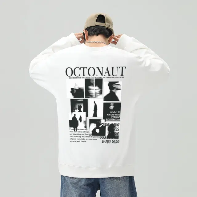 海底小纵队  美式高街简约舒适复古潮流幻影人物字母印花手绘学生国潮宽松保暖休闲加绒加厚纯色百搭重磅落肩打底圆领长袖卫衣 男女同款