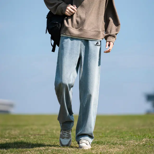 海底小纵队 美式复古高街直筒简约字母做旧印花中腰拉链无性别主义阔腿牛仔裤 男女同款