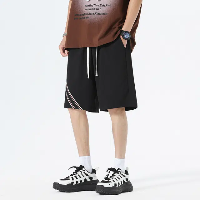 海底小纵队 美式复古经典两条杠凉感宽松舒适运动五分裤高街时尚简约速干透气直筒系带中裤青少年户外日常百搭休闲短裤 男女同款