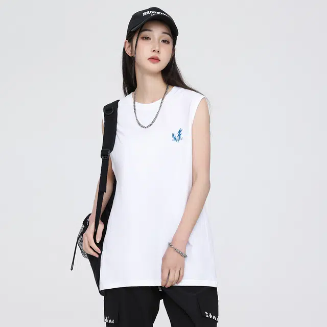 海底小纵队 创意风美式高街手绘卡通涂鸦闪电艺术字母印花纯棉上衣无袖运动通勤百搭休闲宽松打底衫吸湿排汗个性通用背心 男女同款
