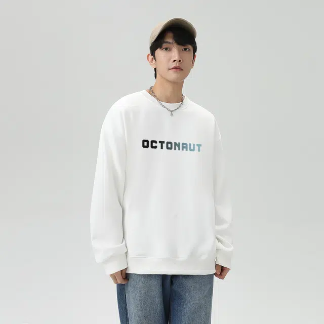 海底小纵队  美式高街复古潮流卡通二次元字母印花保暖休闲简约学生国潮加绒加厚纯色宽松舒适手绘百搭重磅落肩打底圆领长袖卫衣 男女同款