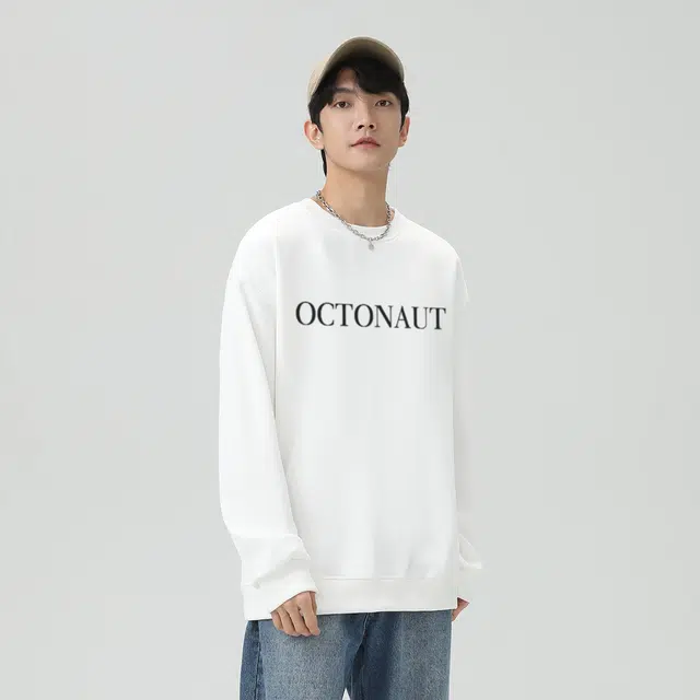 海底小纵队  美式高街简约舒适复古潮流幻影人物字母印花手绘学生国潮宽松保暖休闲加绒加厚纯色百搭重磅落肩打底圆领长袖卫衣 男女同款