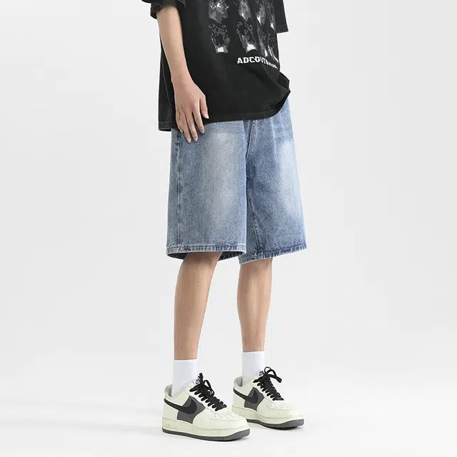 海底小纵队 美式复古做旧水洗宽松直筒百搭休闲五分裤高街简约无性别主义时尚亲肤舒适透气阔腿中裤日常通勤显瘦牛仔短裤 男女同款