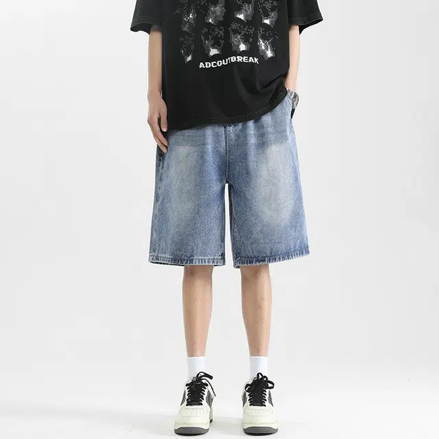 海底小纵队 美式复古做旧水洗宽松直筒百搭休闲五分裤高街简约无性别主义时尚亲肤舒适透气阔腿中裤日常通勤显瘦牛仔短裤 男女同款