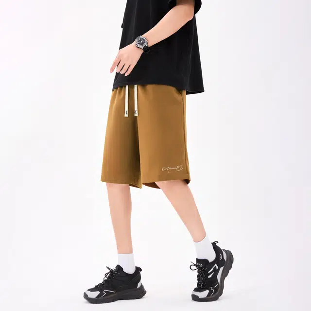 海底小纵队 美式运动复古手绘纯色字体宽松户外日常通勤舒适透气中腰系带五分裤休闲短裤 男女同款